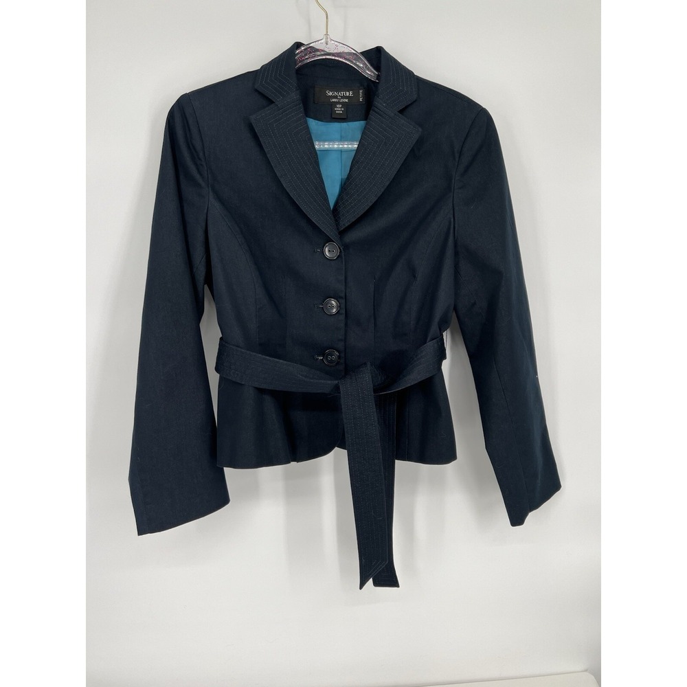 Signature by Larry Levine Navy Blue Belted Blazer Jacket Petite 10P Button Front